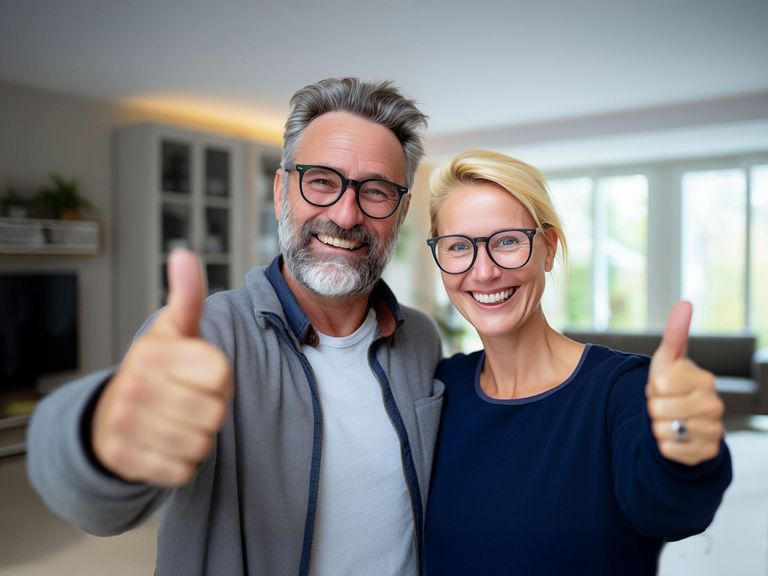 Pärchen lacht und beide zeigen jeweils einen Daumen hoch
