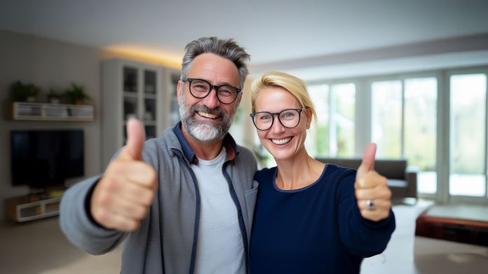 Pärchen lacht und beide zeigen jeweils einen Daumen hoch