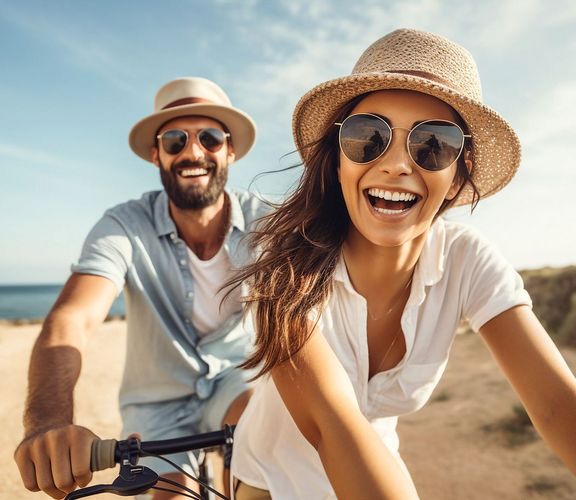 Selbstbehalt-Wahltarif Lachendes Paar auf einem Tandem und mit Sonnenhüten