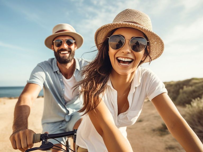 Lachendes Paar auf einem Tandem und mit Sonnenhüten
