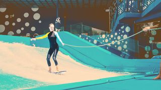 Junge Frau übt das Indoor Surfen mit Sicherungsleine