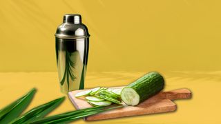 Geschnittene Gurke auf einem Brett und ein Shaker