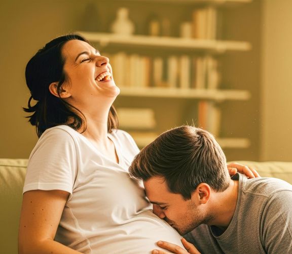 Bauchgefühlpaket Mann küsst den Babybauch einer lachenden Frau