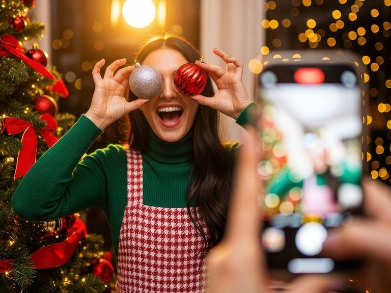 Frau hält sich lachend Weihnachtsbaumkugel vor die Augen