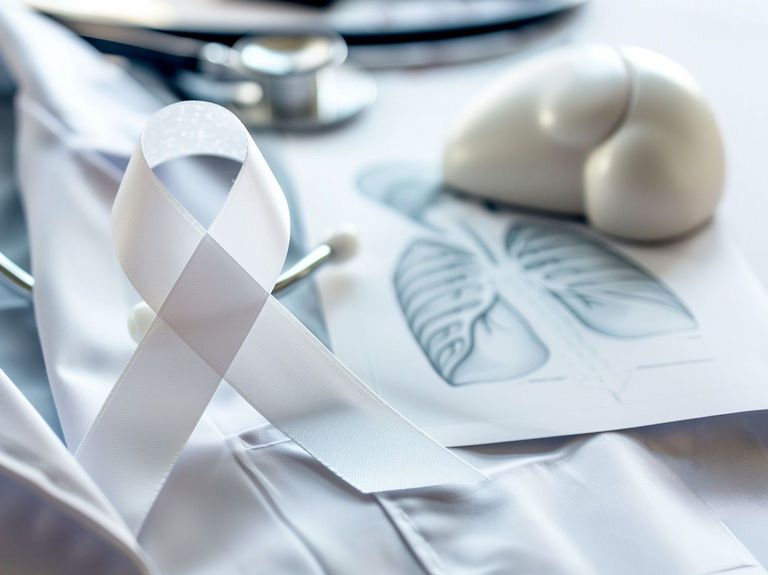 Arztkittel, Stethoskop und Bild einer Lunge auf einem Tisch