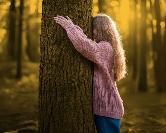 Mädchen umarmt einen Baum bei Sonnenaufgang