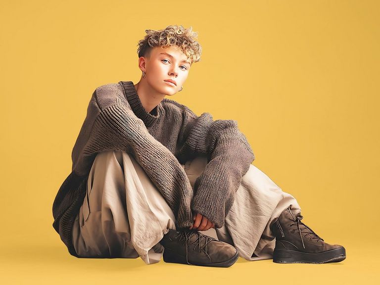 Jugendlicher im Schlabberlook sitzt lässig auf dem Boden