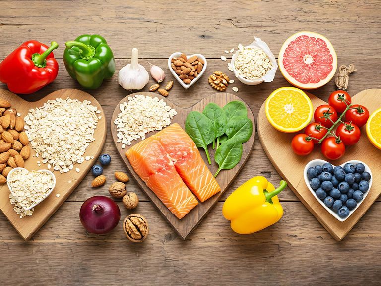 Holztisch mit herzförmigen und gesund gefüllten Tellern