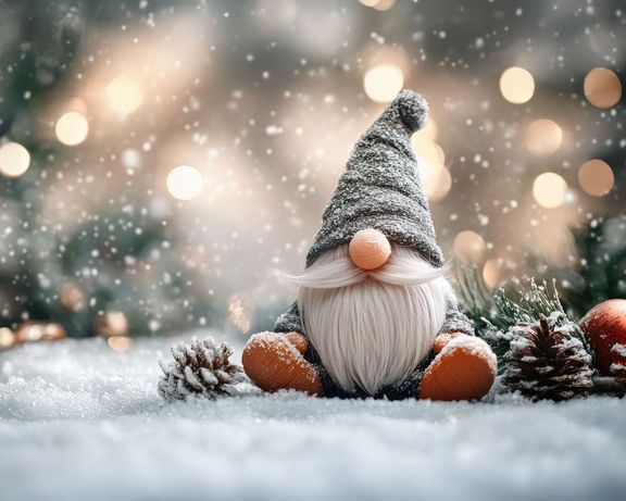 Weihnachtswichtel sitzt im Schnee mit Tannendeko ringsherum