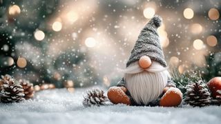 Weihnachtszeit Weihnachtswichtel sitzt im Schnee mit Tannendeko ringsherum