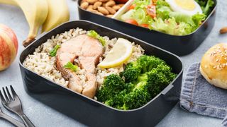 Vorgekochtes Mittagessen mit Lachs, Reis und Brokoli aufbewahrt in einer Box