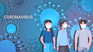 Grafik mit Virenmodellen und Menschen mit Mundschutzmasken im Vordergrund