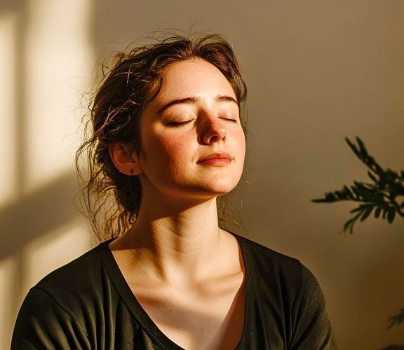 Mental Health Week Junge Frau sitzt meditierend in der Sonne, die durch ein Fenster hereinscheint