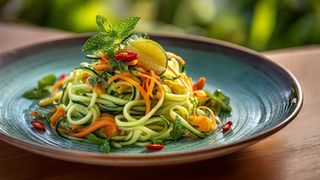 Sommerboost Teller mit Gemüsespaghetti auf einem Holztisch