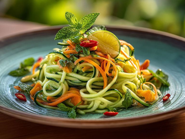 Teller mit Gemüsespaghetti auf einem Holztisch