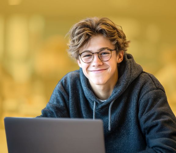Schüler mit Brille vor einem Laptop sitzend