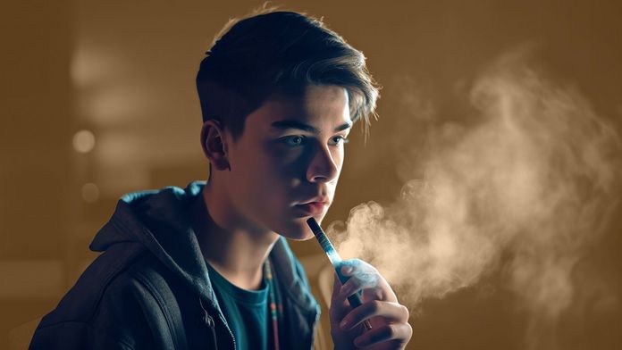 Jugendlicher sitzt in einem dunklen Raum und nutzt eine eZigarette