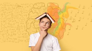 Soft Skills beim Lernen Junge mit offenem Buch auf dem Kopf und nachdenklicher Pose