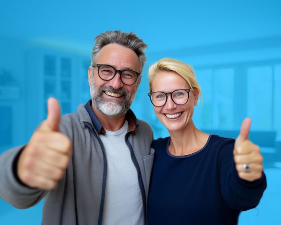 Willkommen Pärchen lacht und beide zeigen jeweils einen Daumen hoch