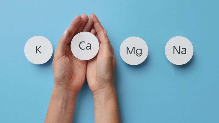 Frauenhände halte kleine runde Schilder mit den chemischen Abkürzungen von vier Mineralstoffen