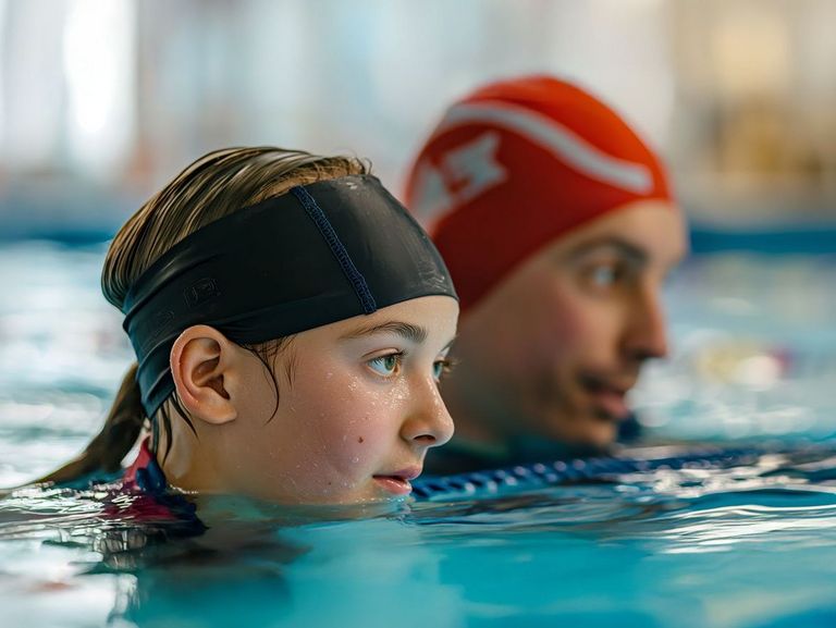 Vater und Tochter mit Badekappen in der Schwimmhalle beim Schwimmtraining