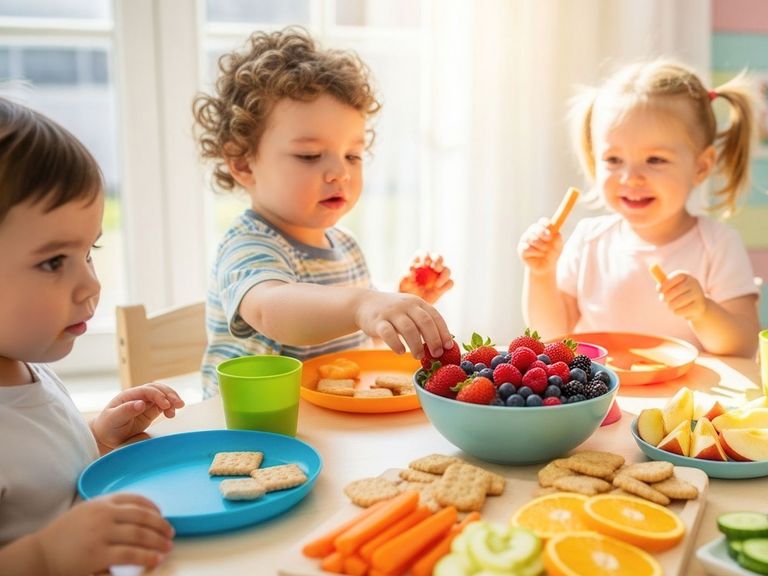 Kita-Kinder beim Naschen von Obst und Gemüse
