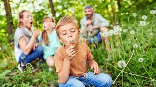 Sommerstart mit Pusteblumen Familie im Wald pustet auf Pusteblumen