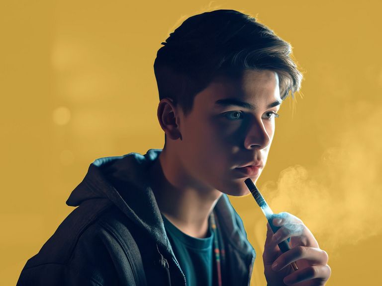 Jugendlicher in einem dunklen Raum nutzt Vaping-Zigarette	