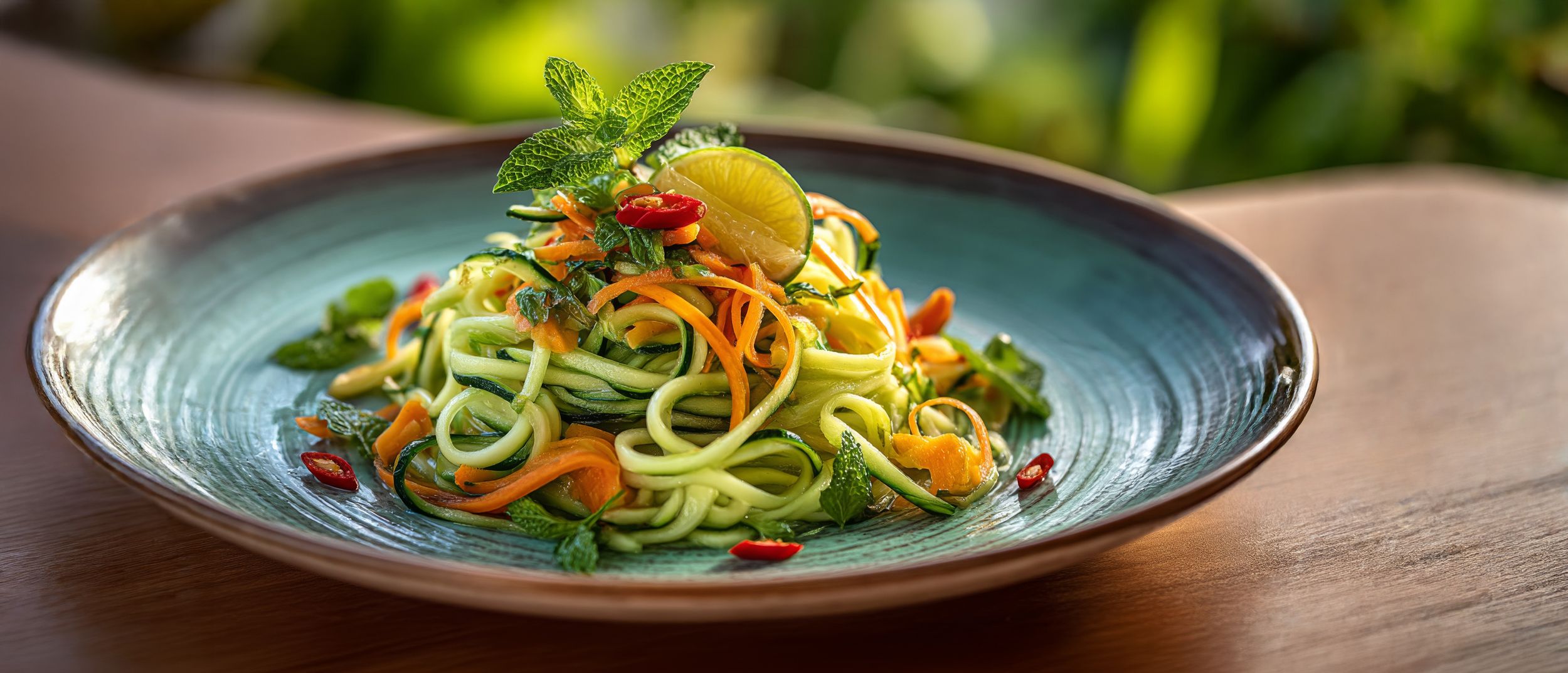 Teller mit Gemüsespaghetti auf einem Holztisch