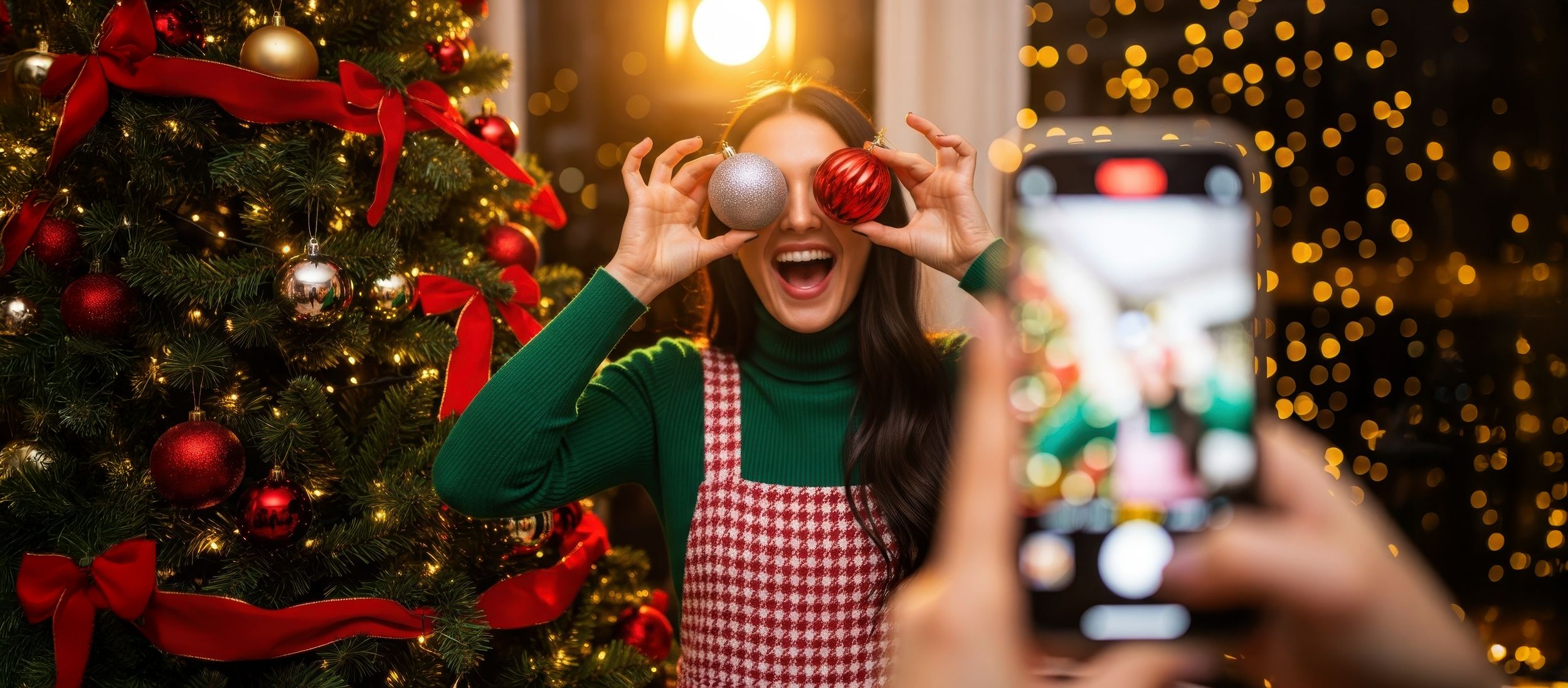 Frau hält sich lachend Weihnachtsbaumkugel vor die Augen
