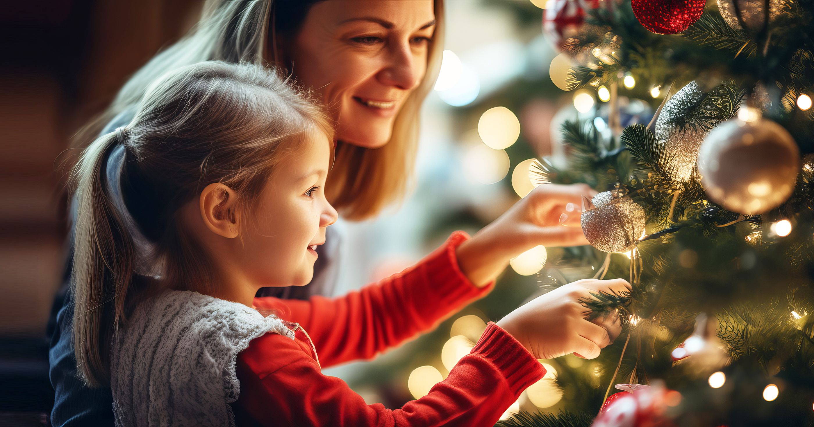 Weihnachtsstimmung Mutter und Tochter schmücken einen Weihnachtsbaum