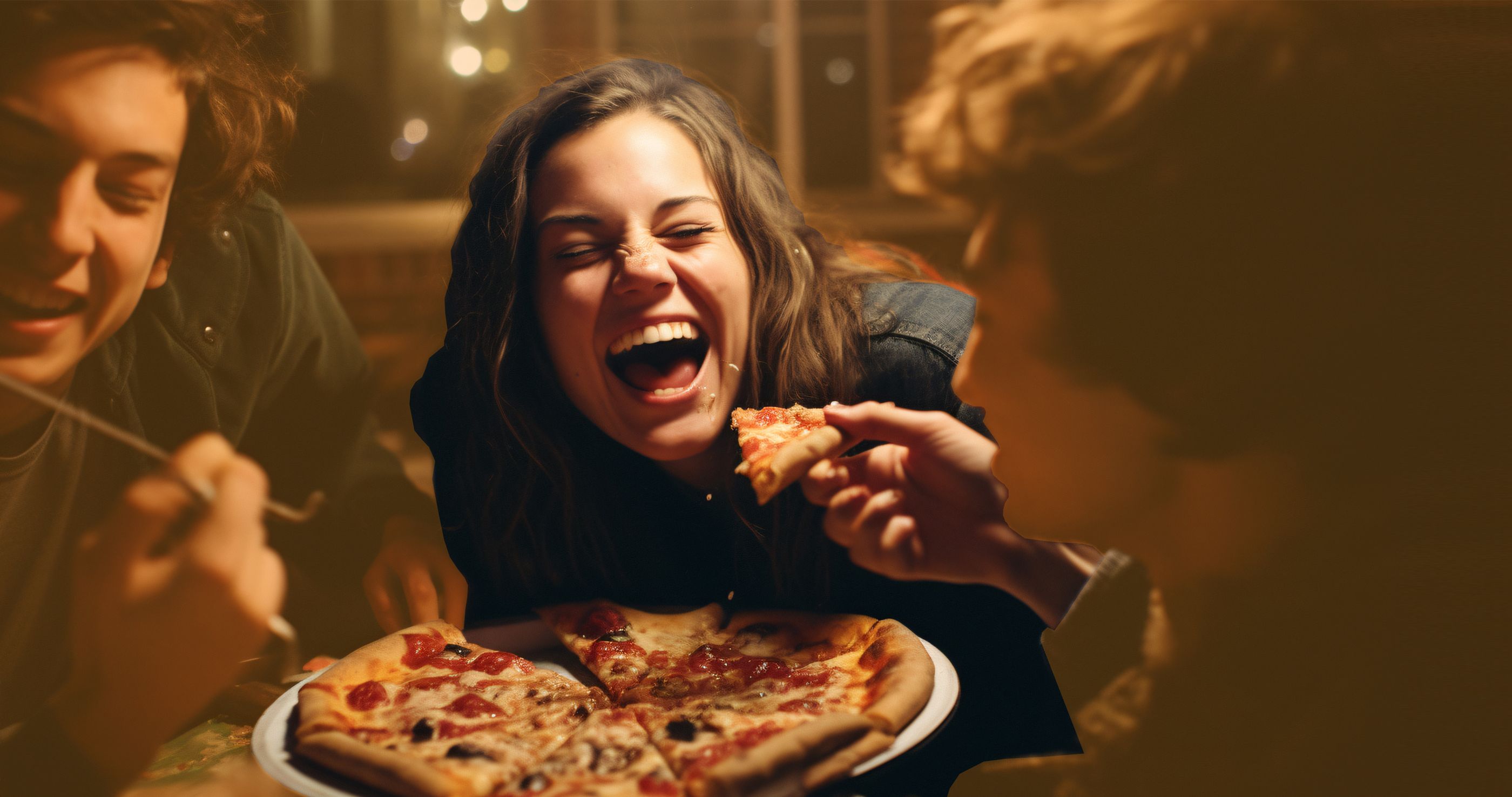 Teenager genießen laut lachend eine gesund Pizza