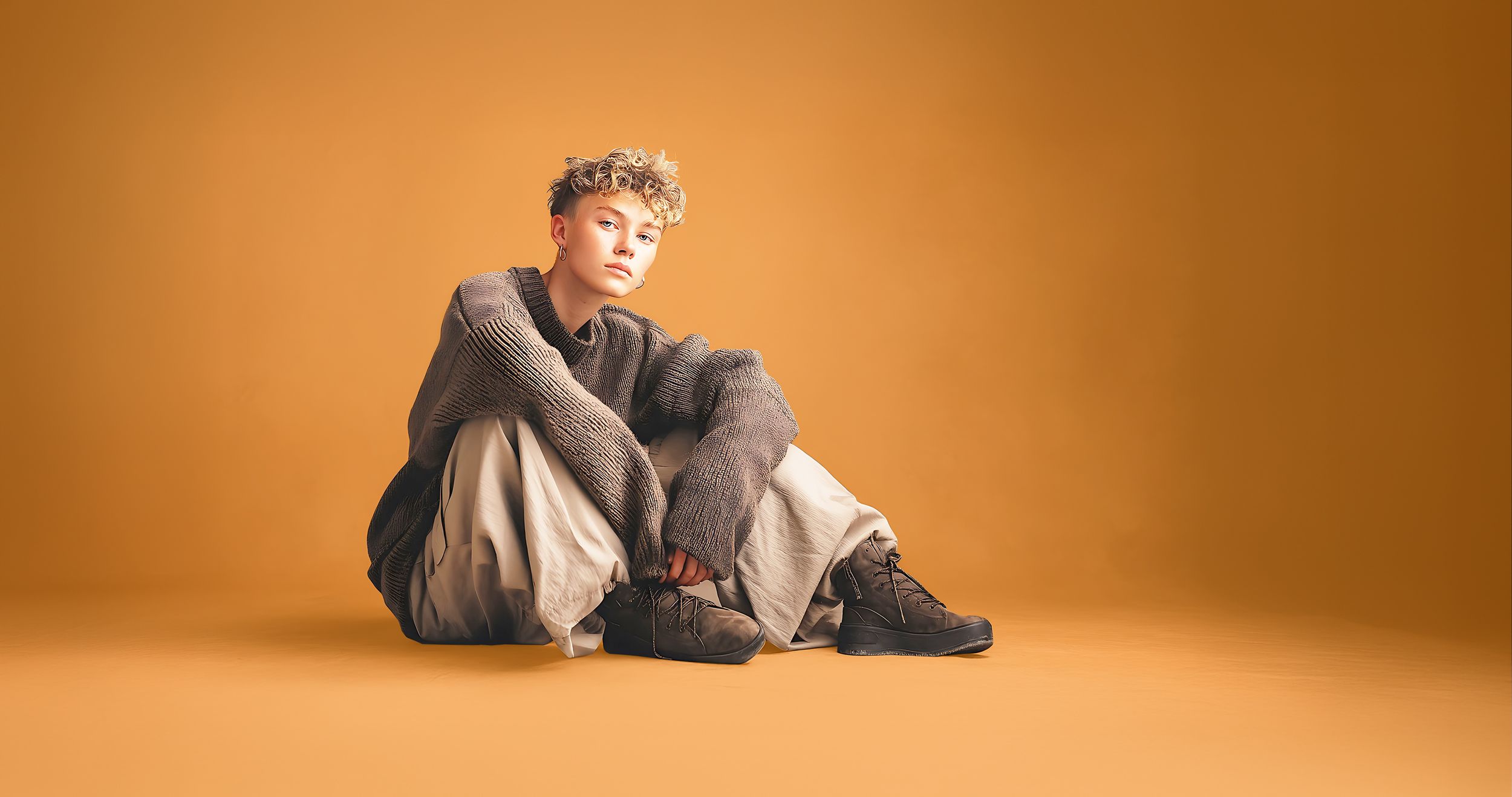 Jugendlicher im Schlabberlook sitzt lässig auf dem Fußboden