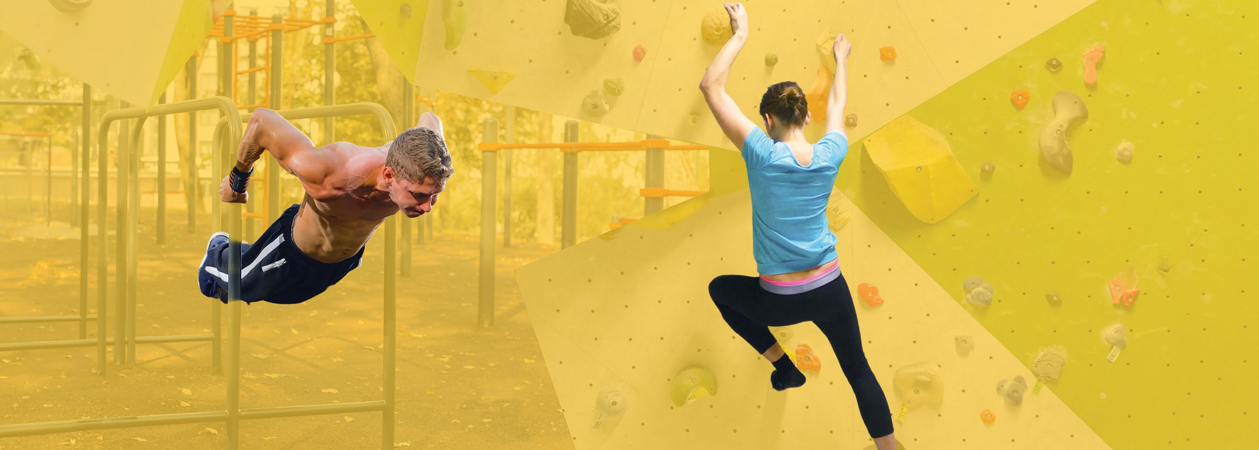 Jugendliche beim Bouldern und bei Calisthenics-Übungen