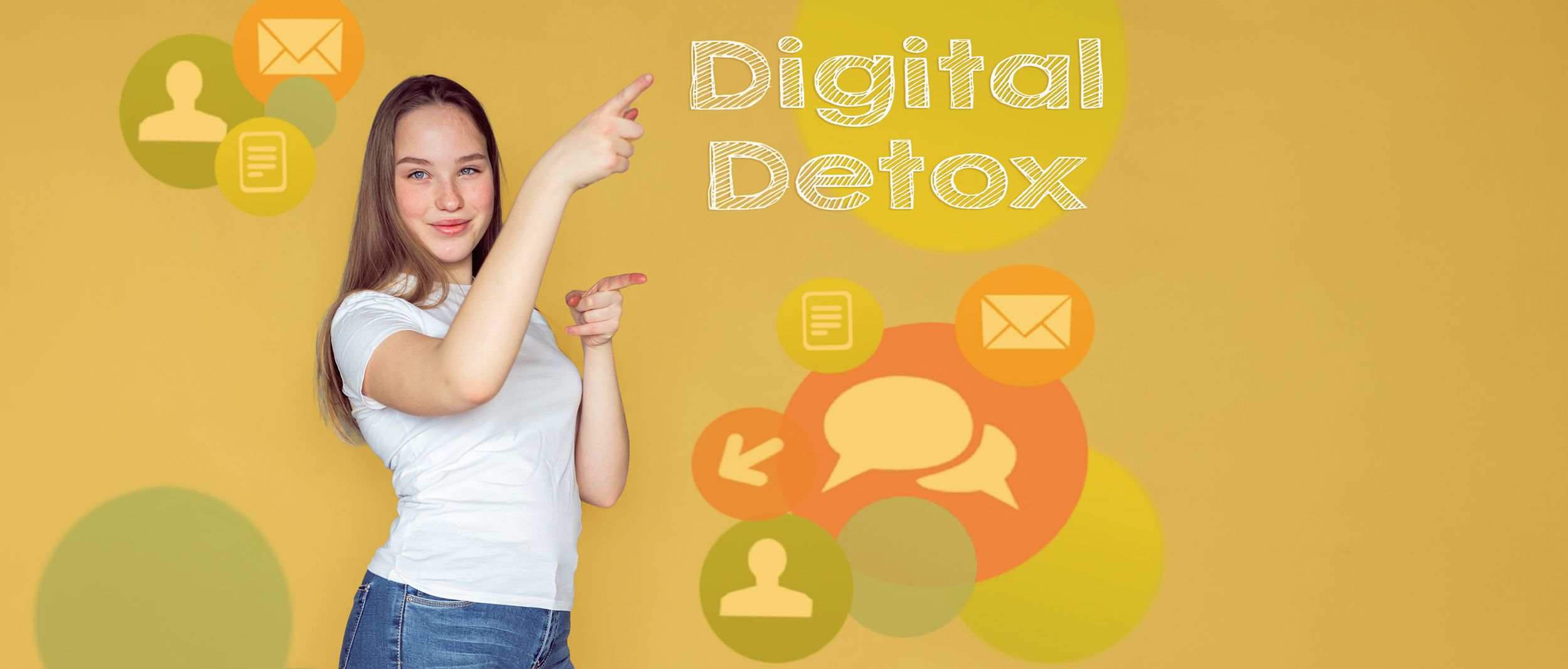 Teenagerin in weißem T-Shirt zeigt auf Digital-Detox-Schriftzug