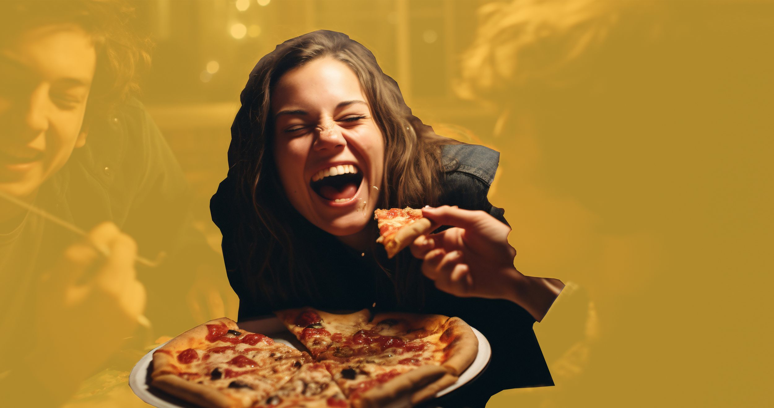 Teenager genießen lachend eine gesunde Pizza