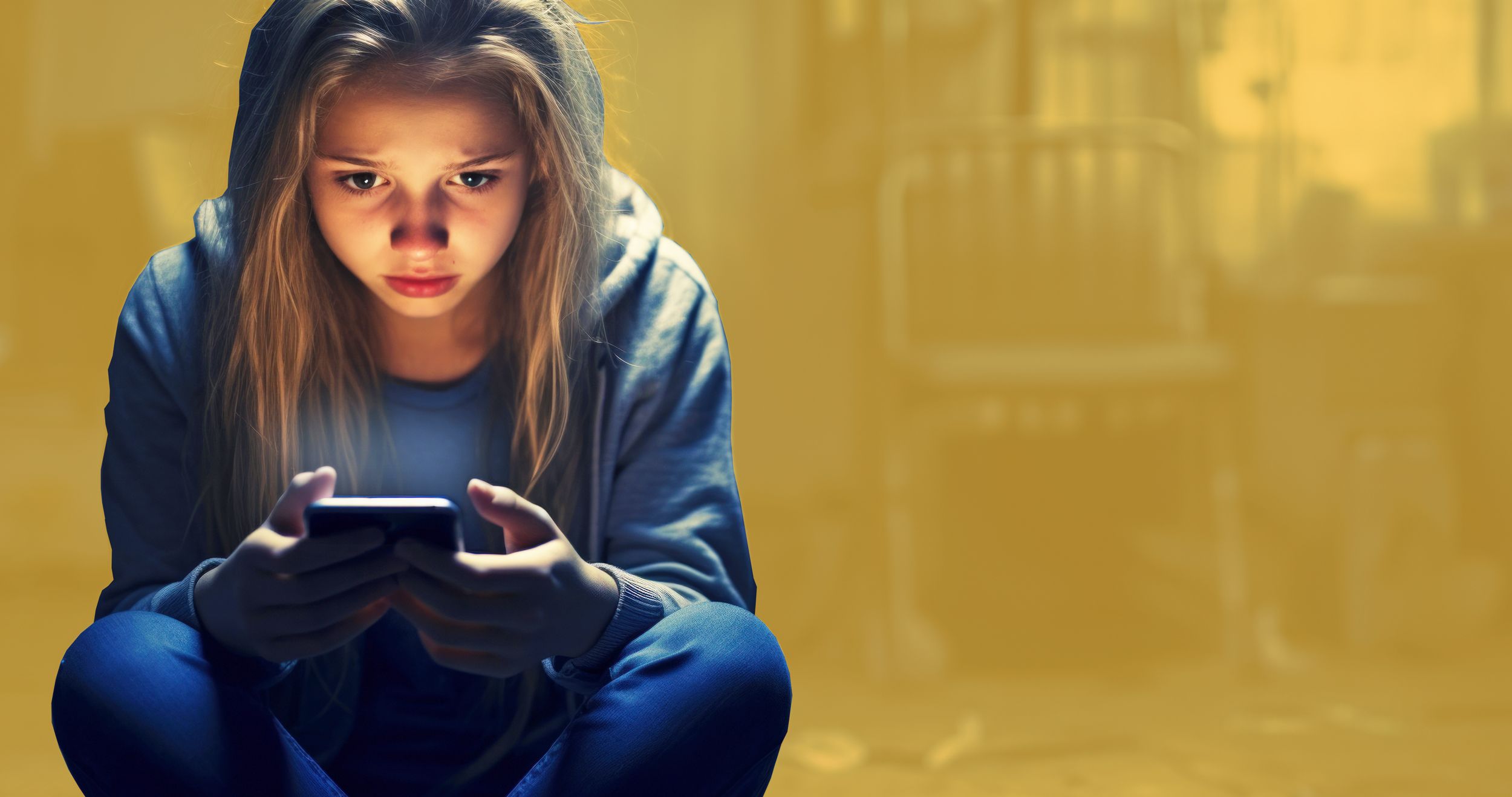 Mädchen sitzt im Dunkeln vor leuchtendem Smartphone	