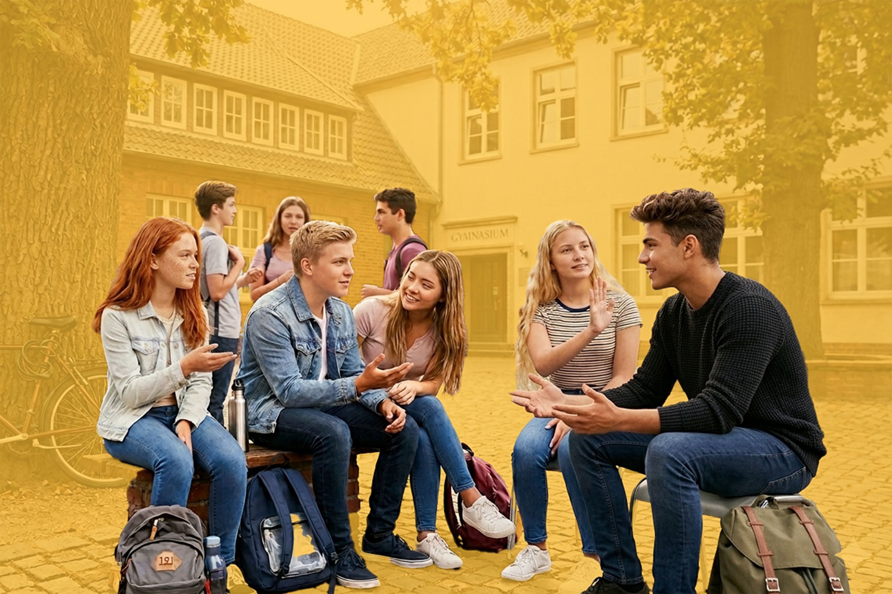 Eine Gruppe Jugendlicher sitzt auf dem Schulhof zusammen und ist ins Gespräch vertieft.