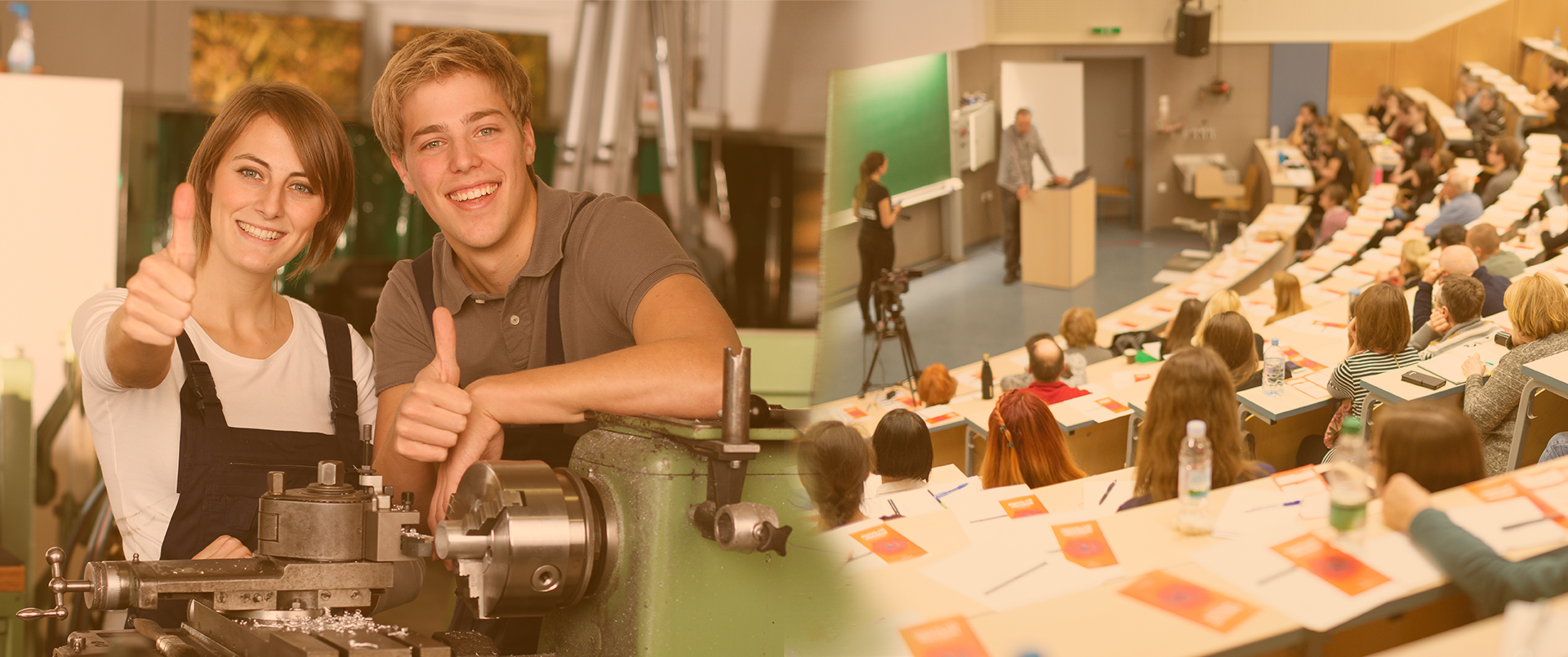 Duales Studium Bildzusammenschnitt, links Azubis in der handwerklichen Ausbildungsstätte, rechts im Bild ein Hörsaal mit Studenten