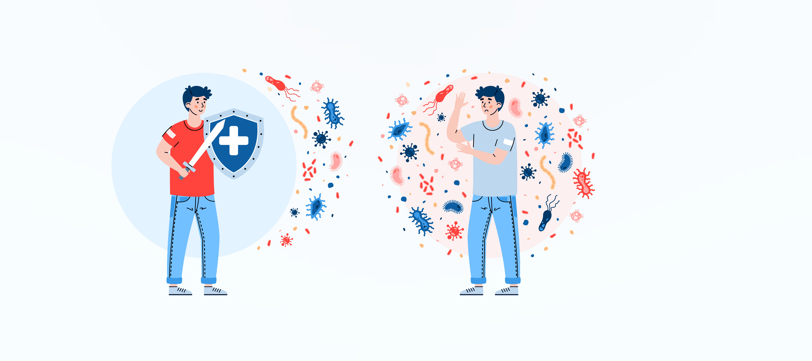 Das Immunsystem – Schutzpolizei des Körpers Grafik mit einem Mann mit Immunabwehr und einem Mann ohne Immunabwehr