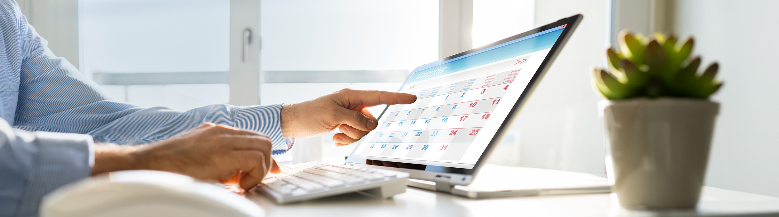 Terminvereinbarung Männerhand zeigt auf einen Terminkalender im Laptop-Bildschirm